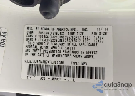 2015 Honda Cr-V Exl z USA, uszkodzony, nr VIN 5J6RM3H7XFL005089